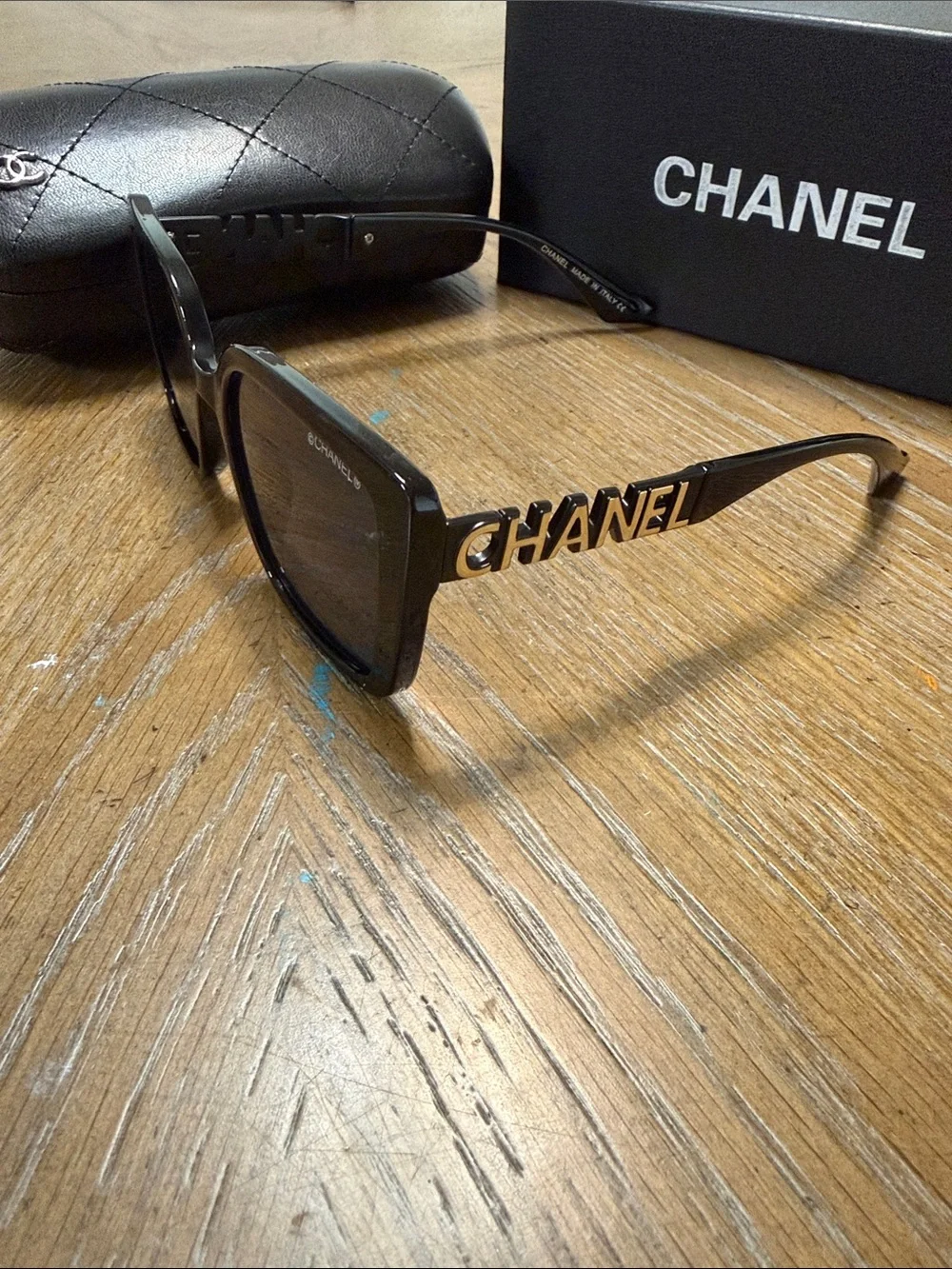 CHANEL Black Square Frame Sunglasses with Dark Lenses